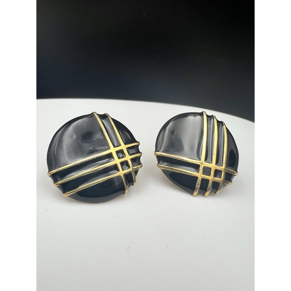 Napier Vintage Black Enamel Gold Tone Screw Back Earrings 1 Inch Size